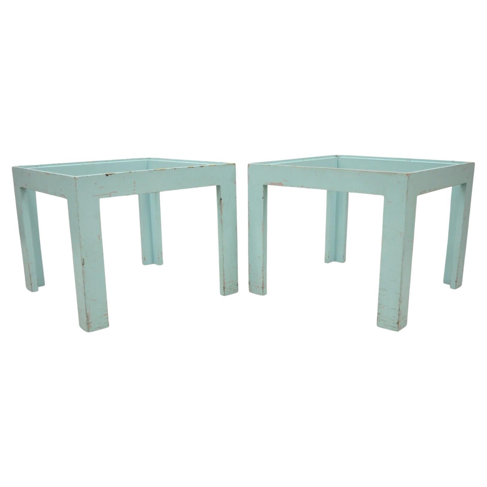 Vintage Mid-Century Modern Wooden Low Side End Table Blue Paint, a Pair For Sale
