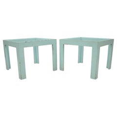 Vintage Mid-Century Modern Wooden Low Side End Table Blue Paint, a Pair