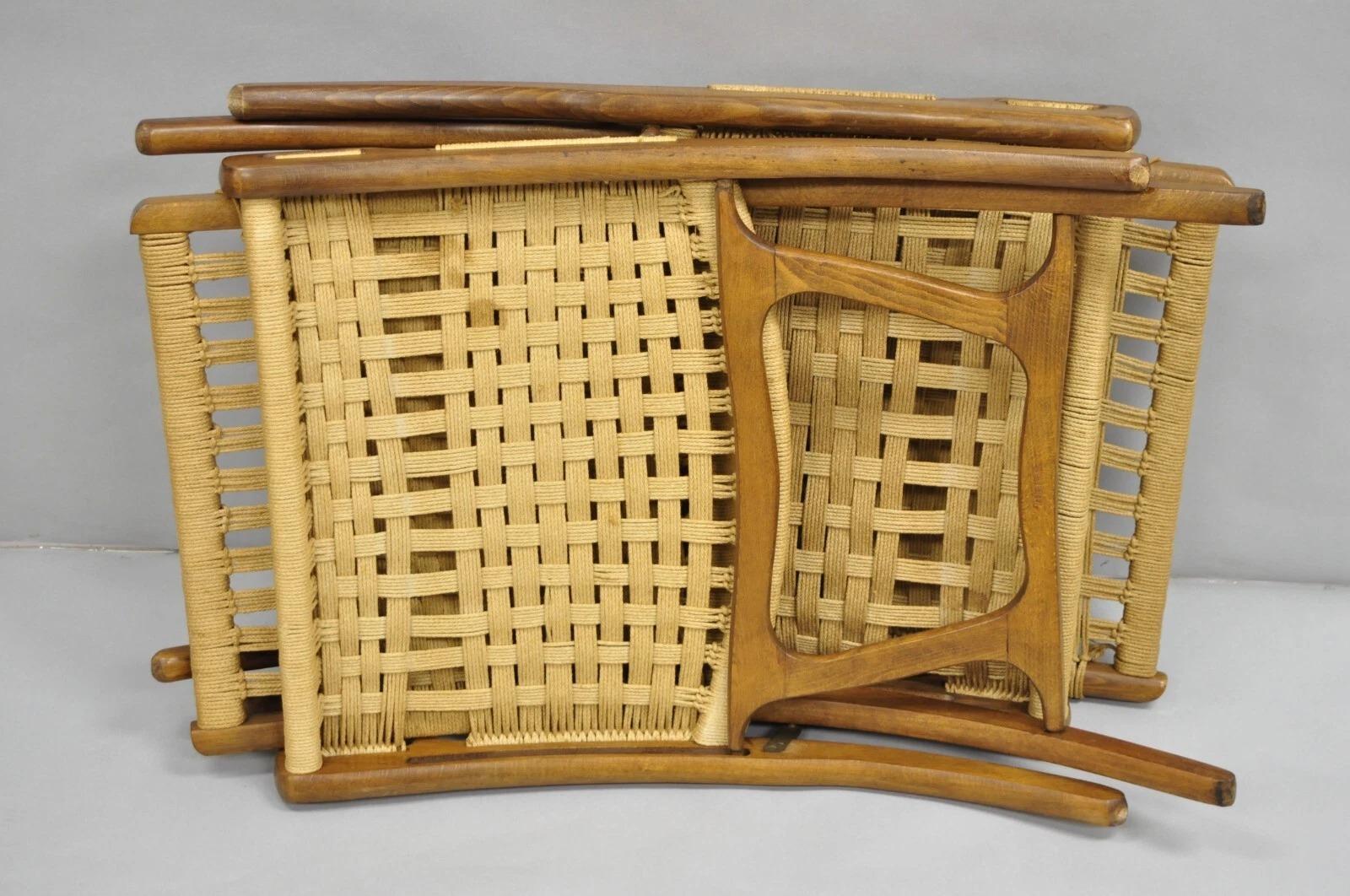 Vintage-Loungesessel aus Holz mit gewebtem Seil, Mid-Century Modern, klappbar, Paar im Angebot 4