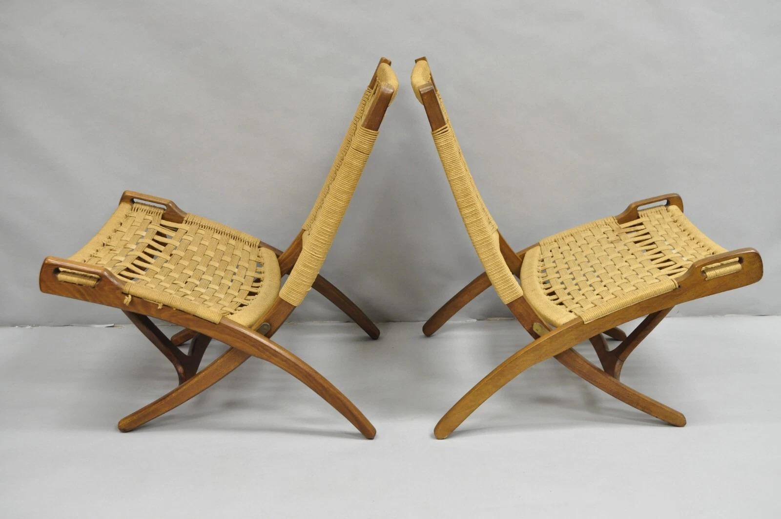 Vintage-Loungesessel aus Holz mit gewebtem Seil, Mid-Century Modern, klappbar, Paar im Angebot 5
