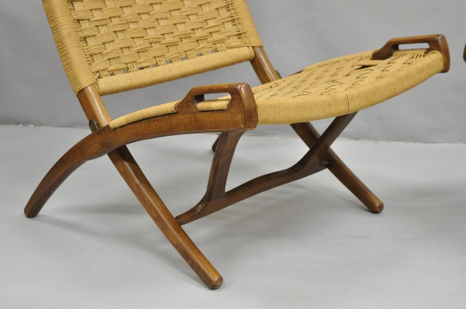 Vintage-Loungesessel aus Holz mit gewebtem Seil, Mid-Century Modern, klappbar, Paar im Angebot 2