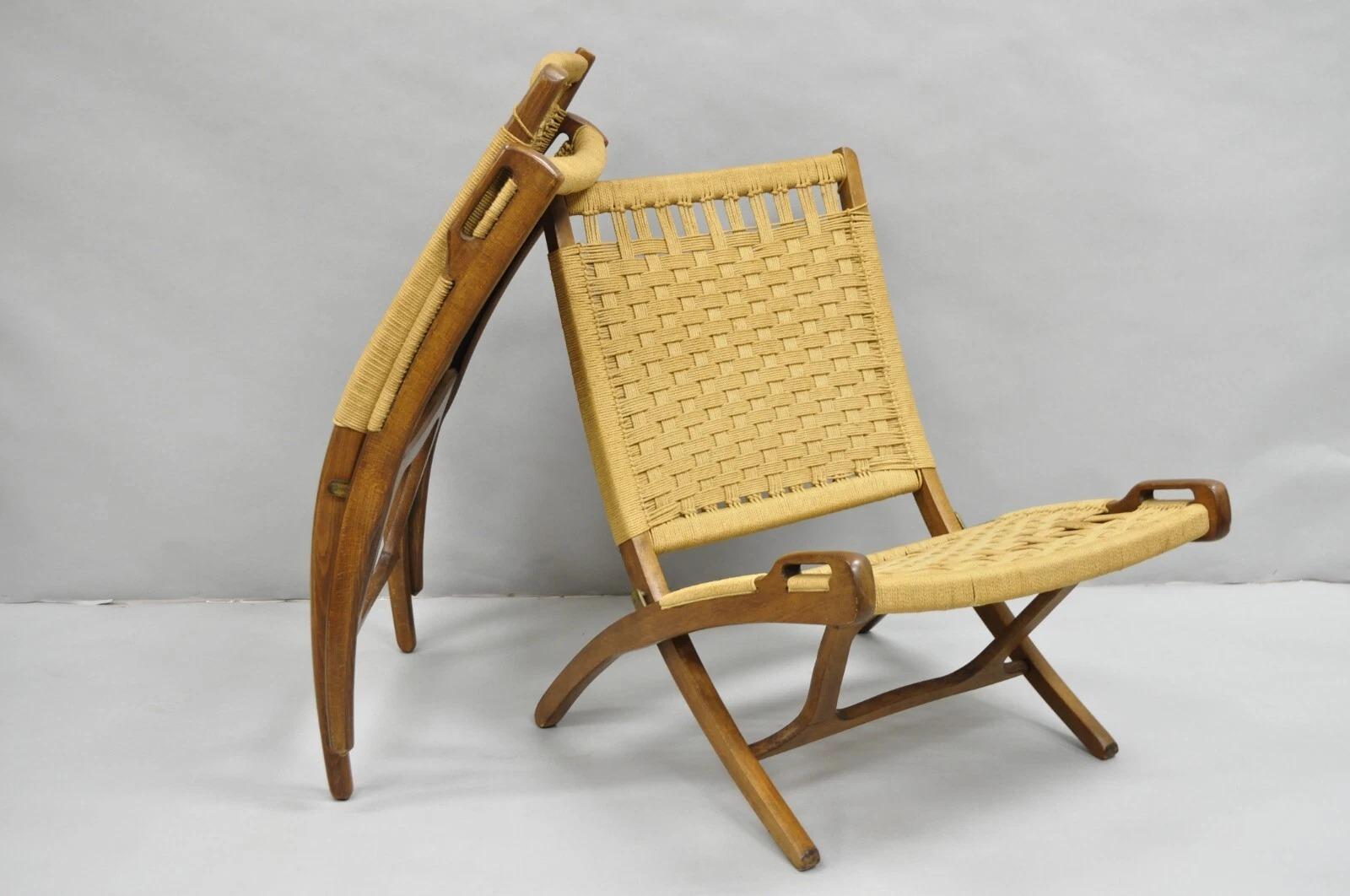 Vintage-Loungesessel aus Holz mit gewebtem Seil, Mid-Century Modern, klappbar, Paar im Angebot 3
