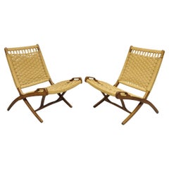 Vintage Mid Century Modern Woven Rope Wooden Folding Lounge Chair - a Pair