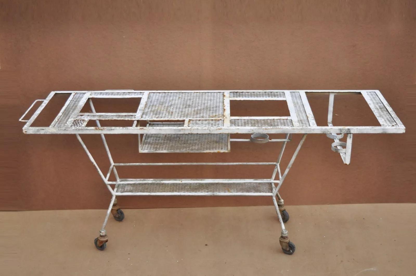 Vintage Mid Century Modern Wrought Iron Metal Mesh Rolling Bar Cart Table 4