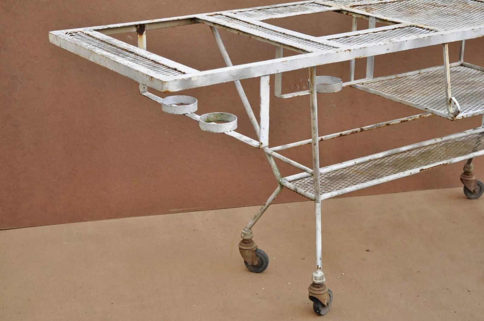 Unknown Vintage Mid Century Modern Wrought Iron Metal Mesh Rolling Bar Cart Table