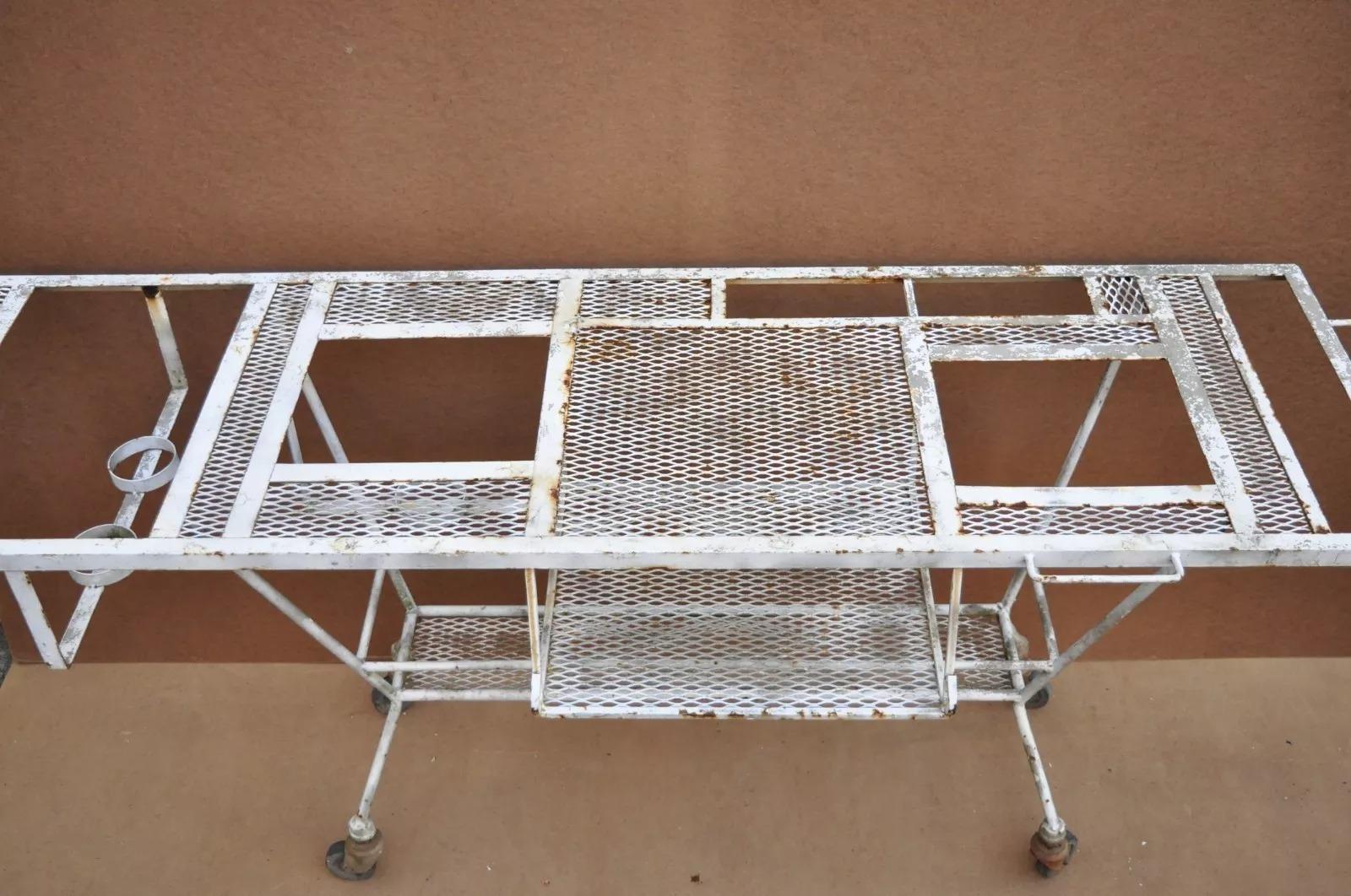 Vintage Mid Century Modern Wrought Iron Metal Mesh Rolling Bar Cart Table 1