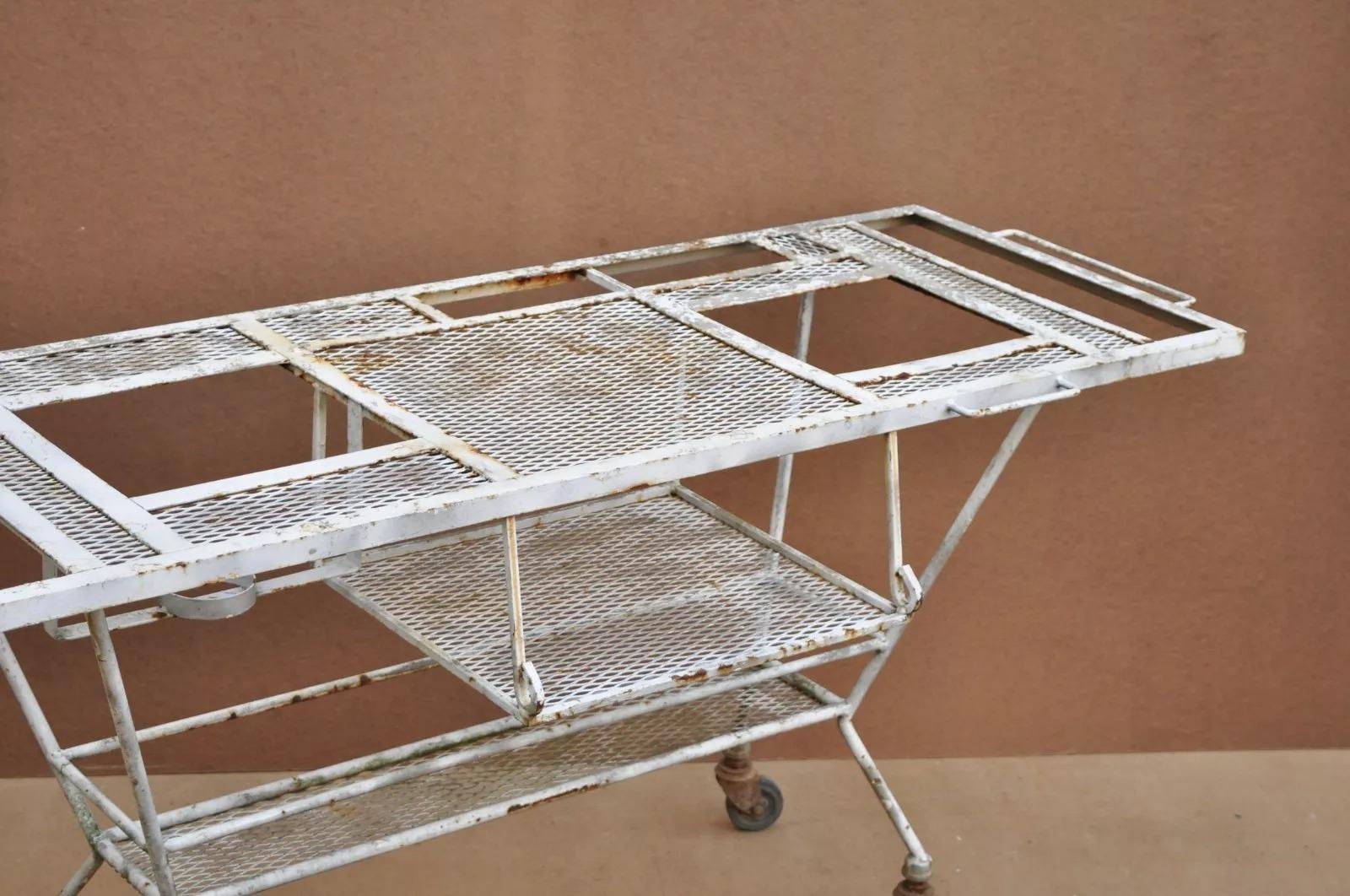 Vintage Mid Century Modern Wrought Iron Metal Mesh Rolling Bar Cart Table 3