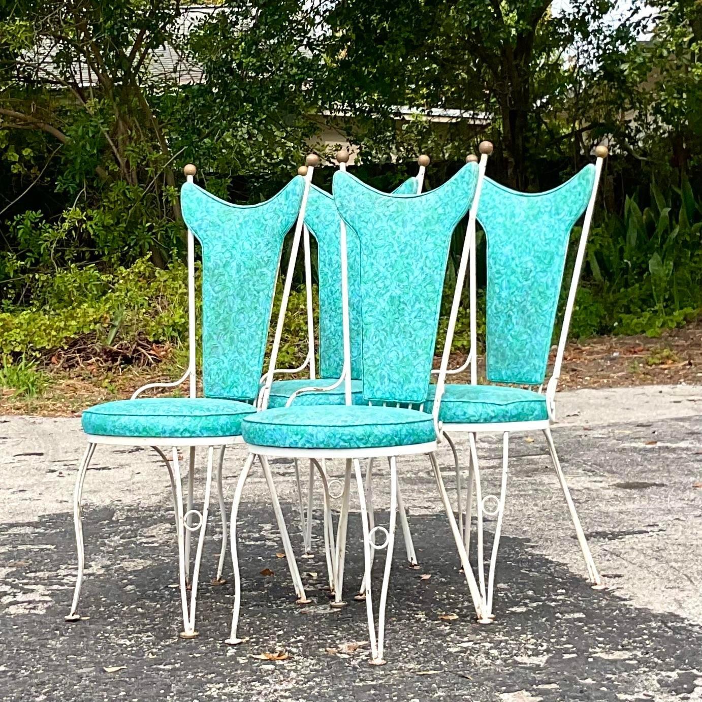 Upholstery Vintage Mid-Century Modern Wrought Iron Outdoor Dining Chairs - Set of 4