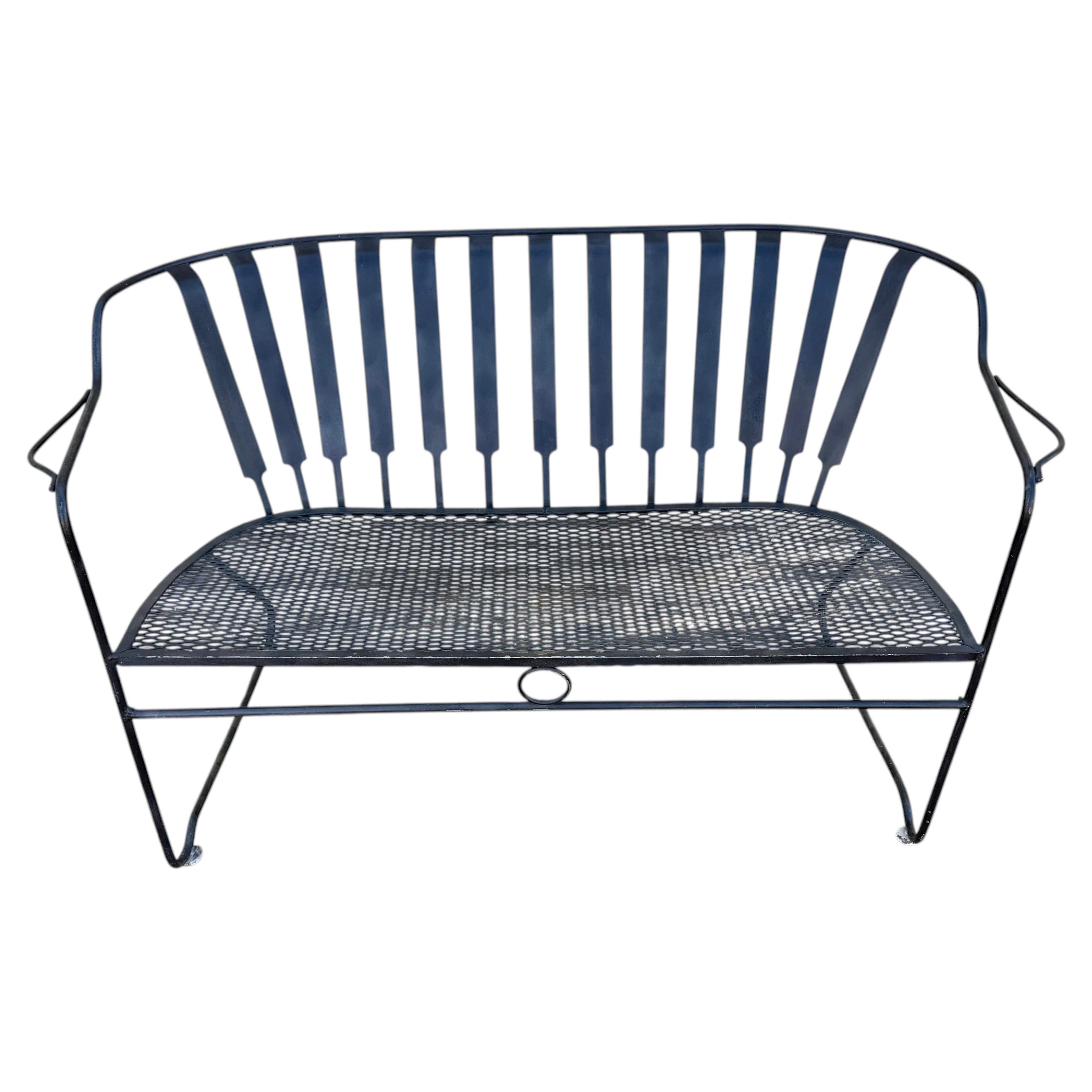 Vintage Mid-Century Modern Wrought Iron Patio Loveseat Bench For Sale