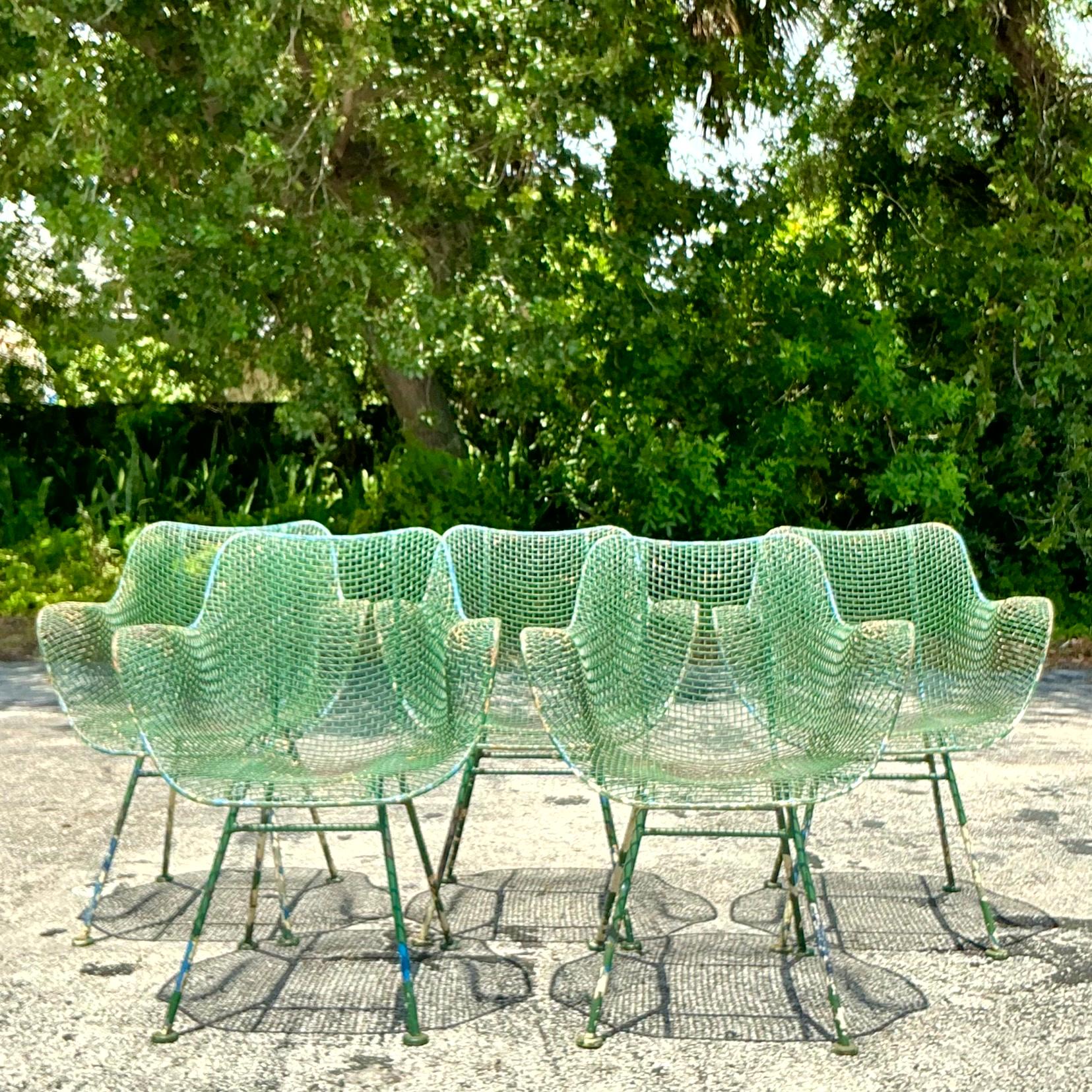 American Vintage Mid-Century Modern Wrought Iron “Sculptura” Chairs After Woodard - Set o