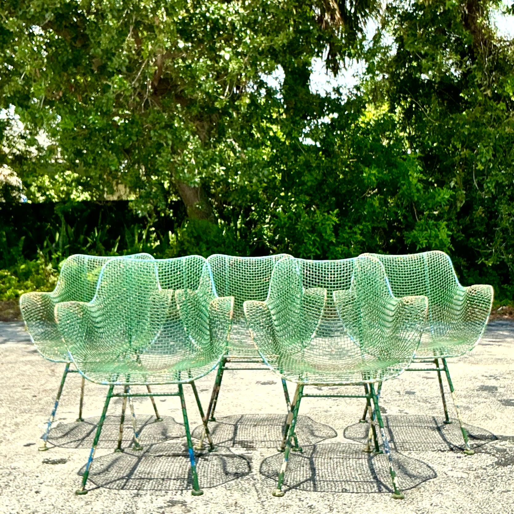 Vintage Mid-Century Modern Wrought Iron “Sculptura” Chairs After Woodard - Set o In Good Condition In west palm beach, FL