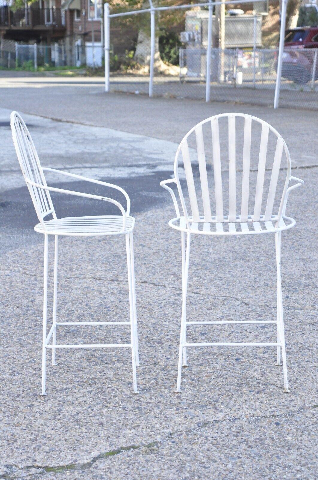 Vintage Mid Century Modern Wrought Iron Slatted White Painted Stools - a Pair 7