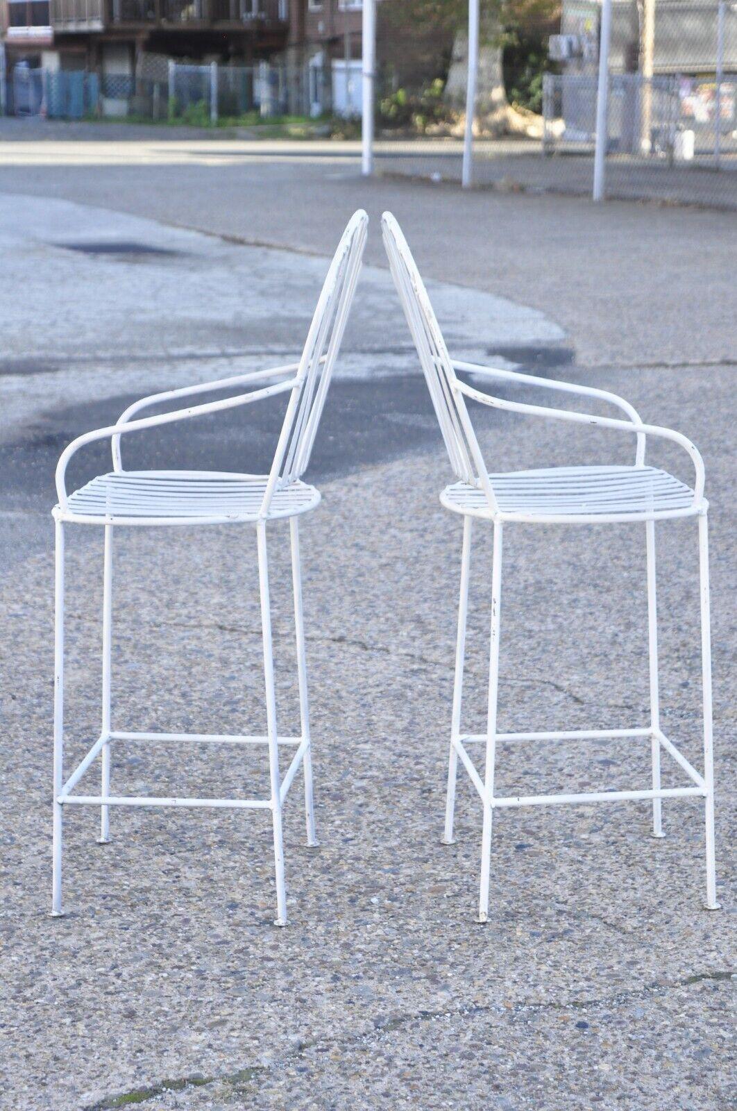 Vintage Mid Century Modern Wrought Iron Slatted White Painted Stools - a Pair In Good Condition In Philadelphia, PA