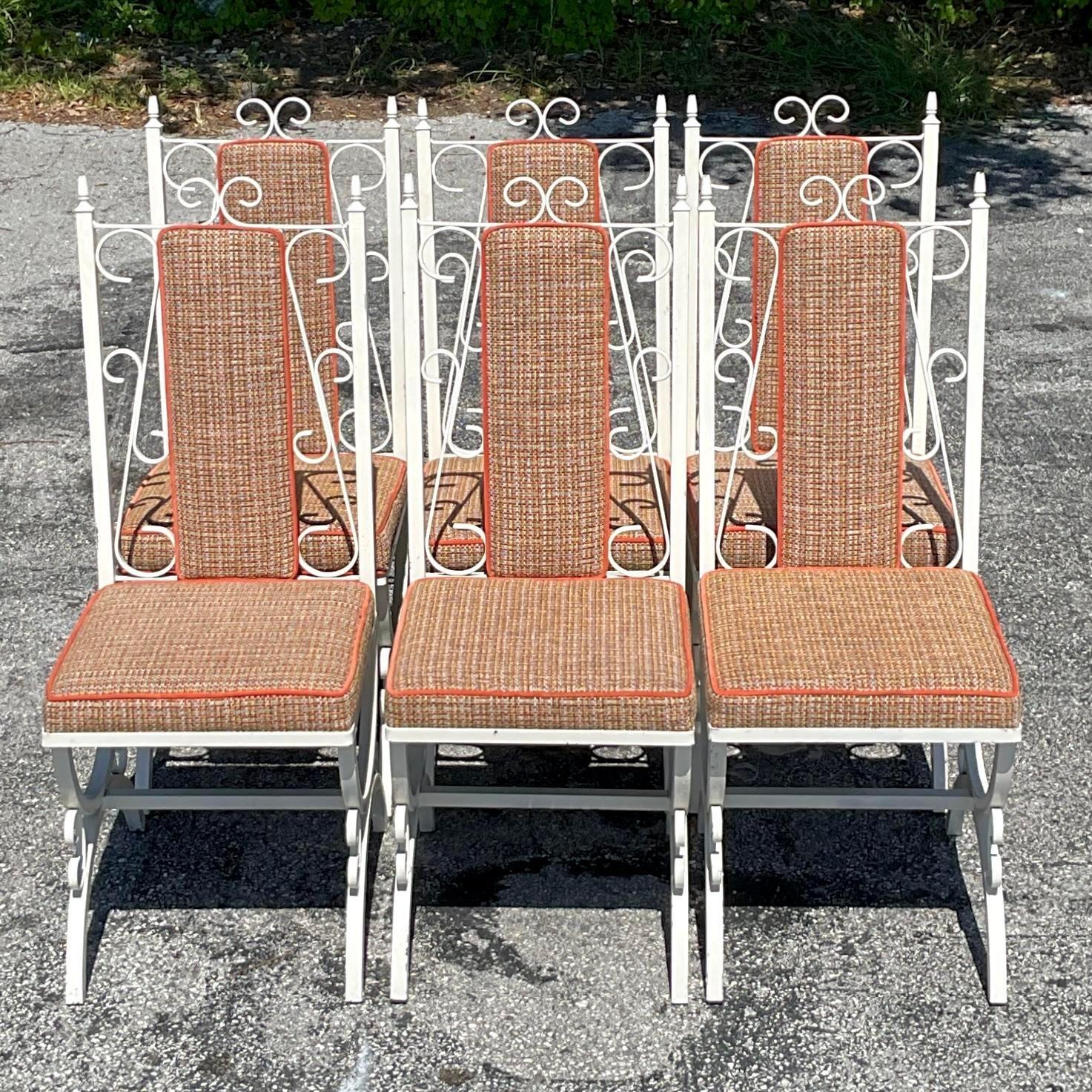 American Vintage Mid-Century Modern Wrought Iron Upholstered Dining Chairs - Set of 6