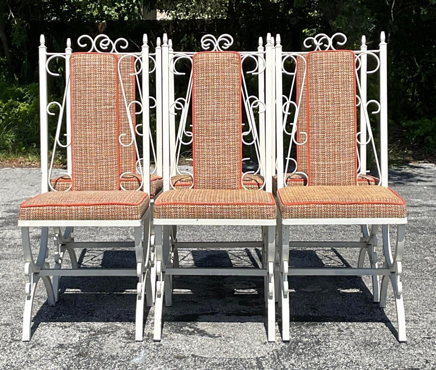 Vintage Mid-Century Modern Wrought Iron Upholstered Dining Chairs - Set of 6 In Good Condition In West Palm Beach, FL