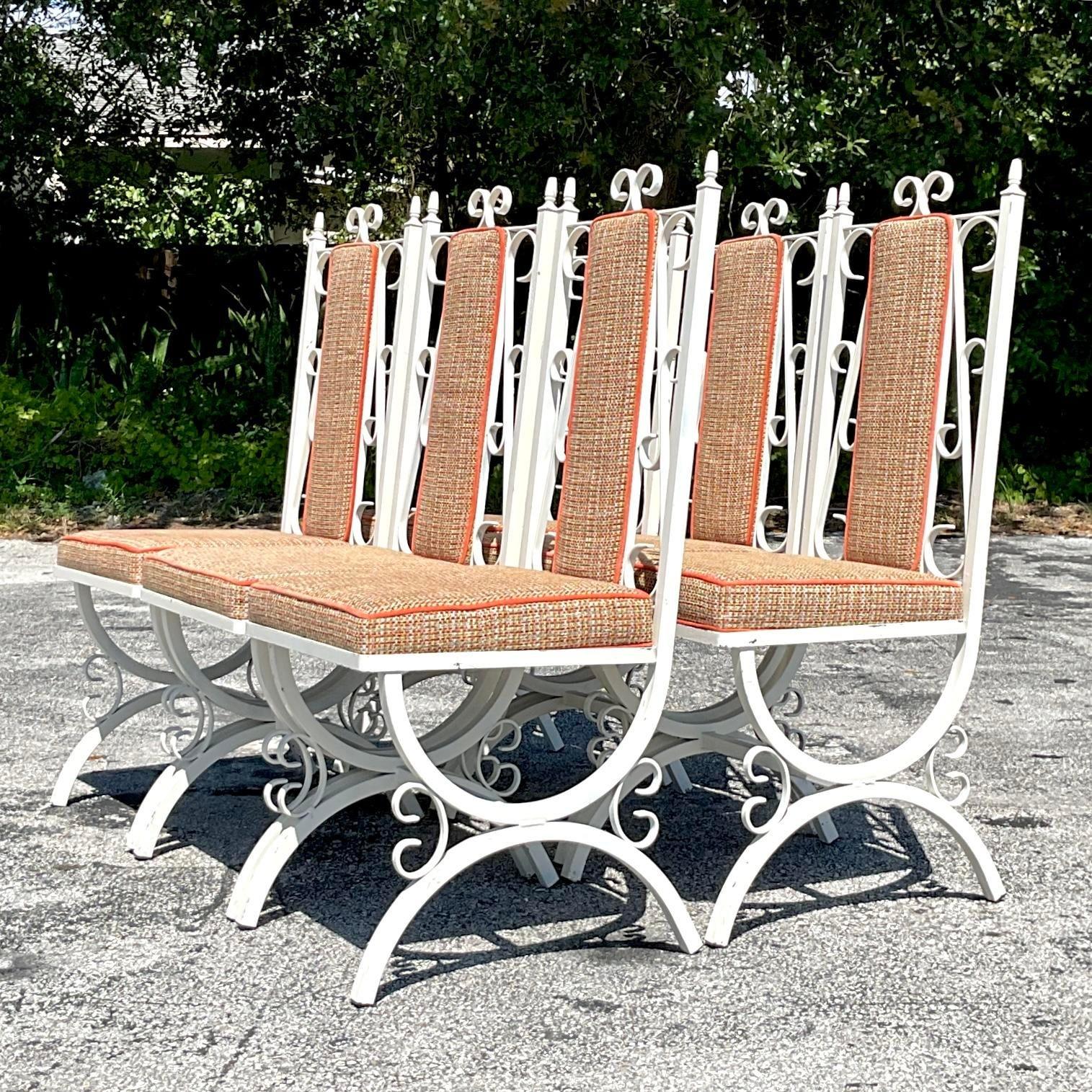 20th Century Vintage Mid-Century Modern Wrought Iron Upholstered Dining Chairs - Set of 6