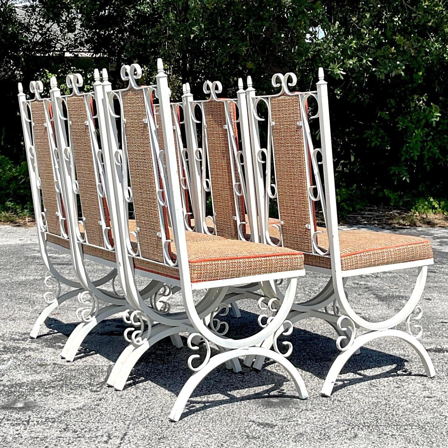 Vintage Mid-Century Modern Wrought Iron Upholstered Dining Chairs - Set of 6 1