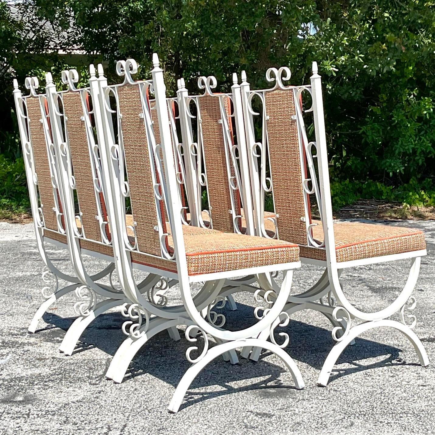 Vintage Mid-Century Modern Wrought Iron Upholstered Dining Chairs - Set of 6 2