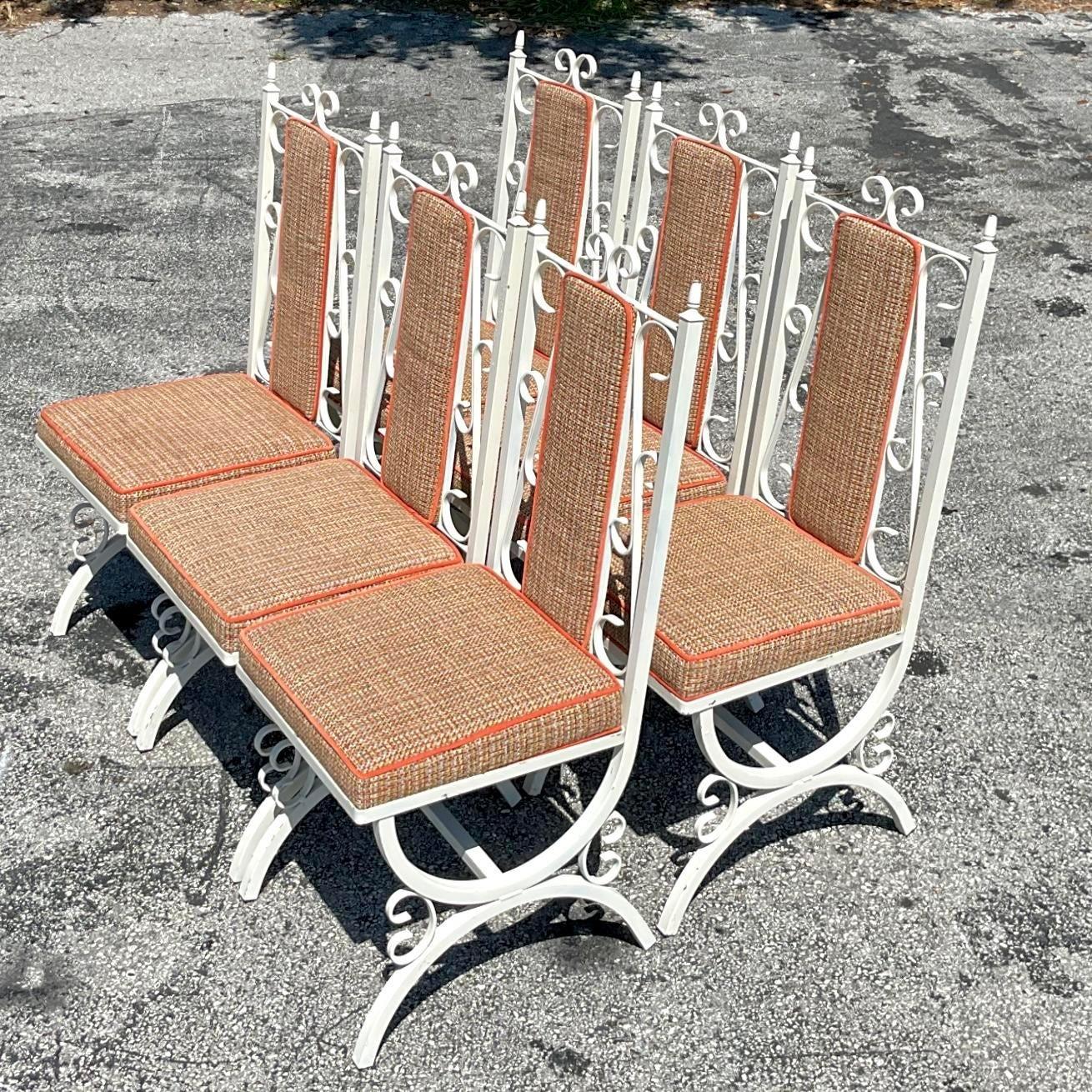 Vintage Mid-Century Modern Wrought Iron Upholstered Dining Chairs - Set of 6 3