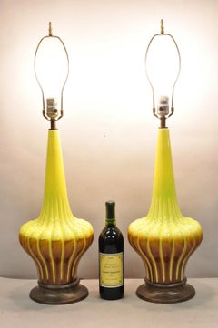 Vintage Mid Century Modern Yellow Brown Sculpted Ceramic Pottery Table Lamp Pair