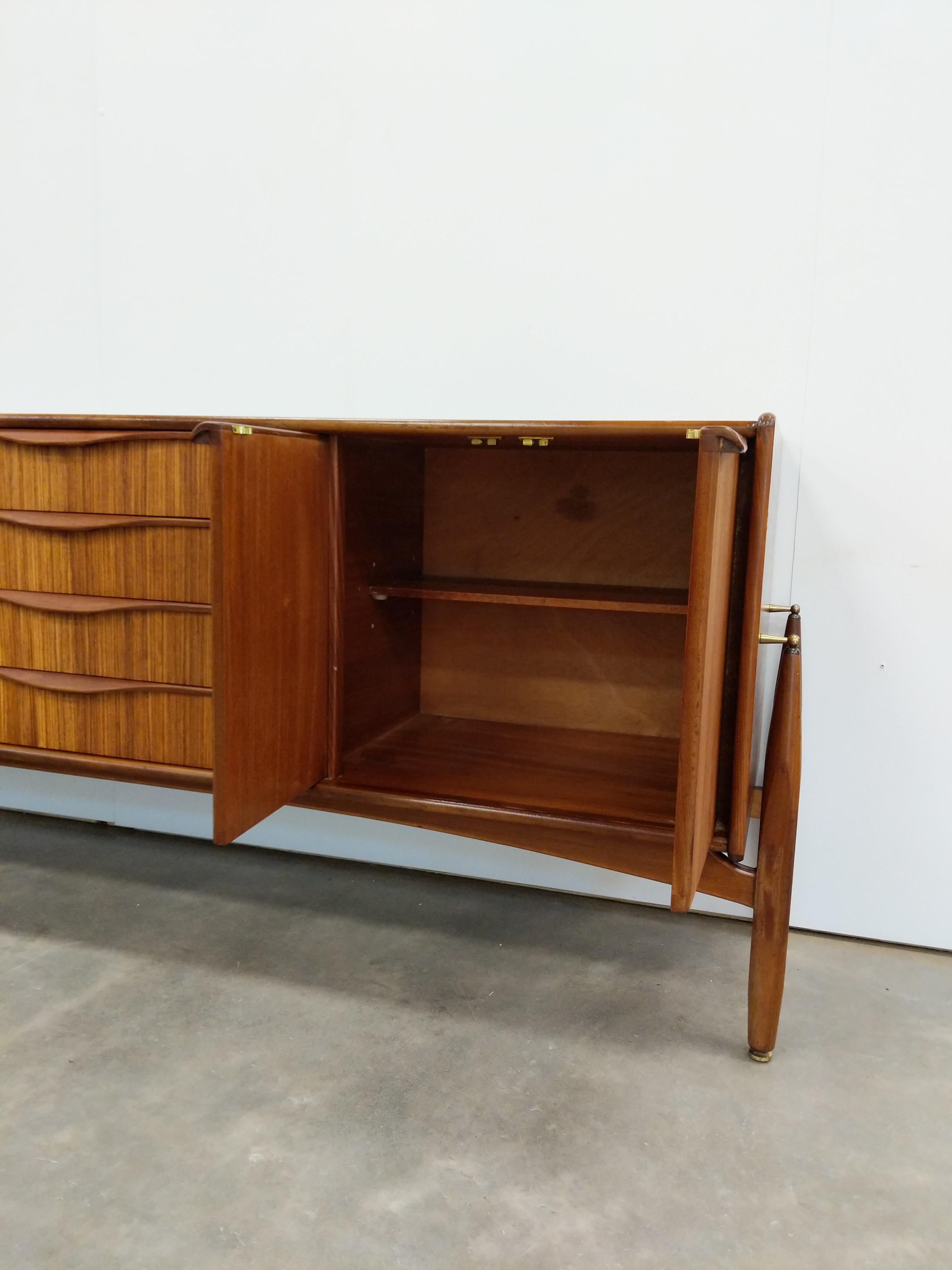 British Vintage Mid Century Modern Zebrano Credenza by Elliotts of Newbury For Sale