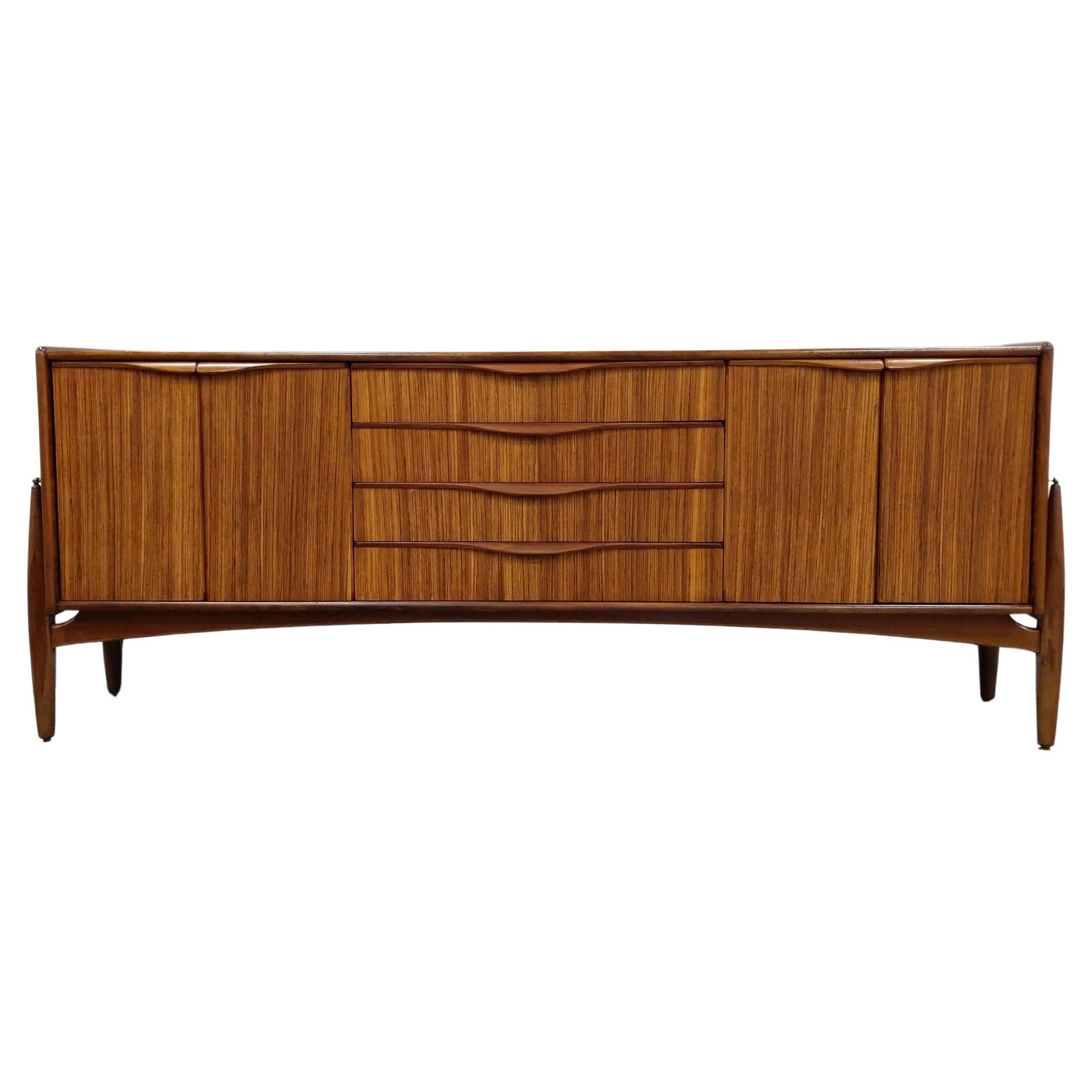 Vintage Mid Century Modern Zebrano Credenza by Elliotts of Newbury For Sale