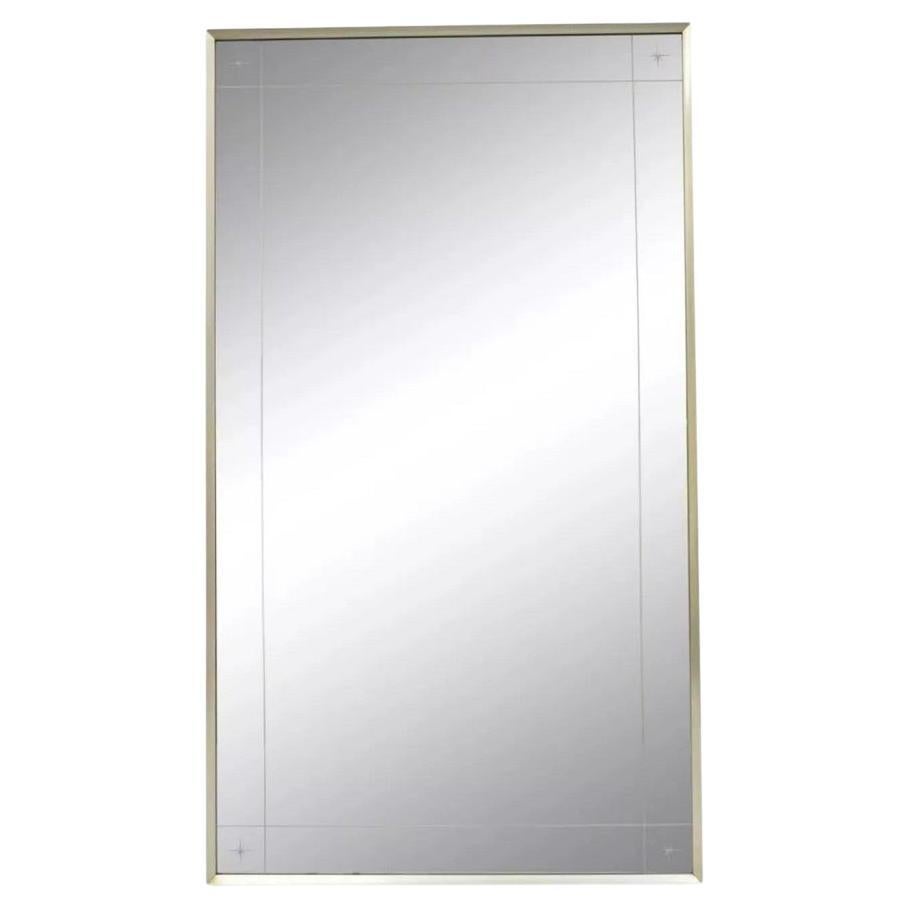 Vintage Mid Century Modernist Etched Star Frame Wall Mirror w Silver Metal Frame