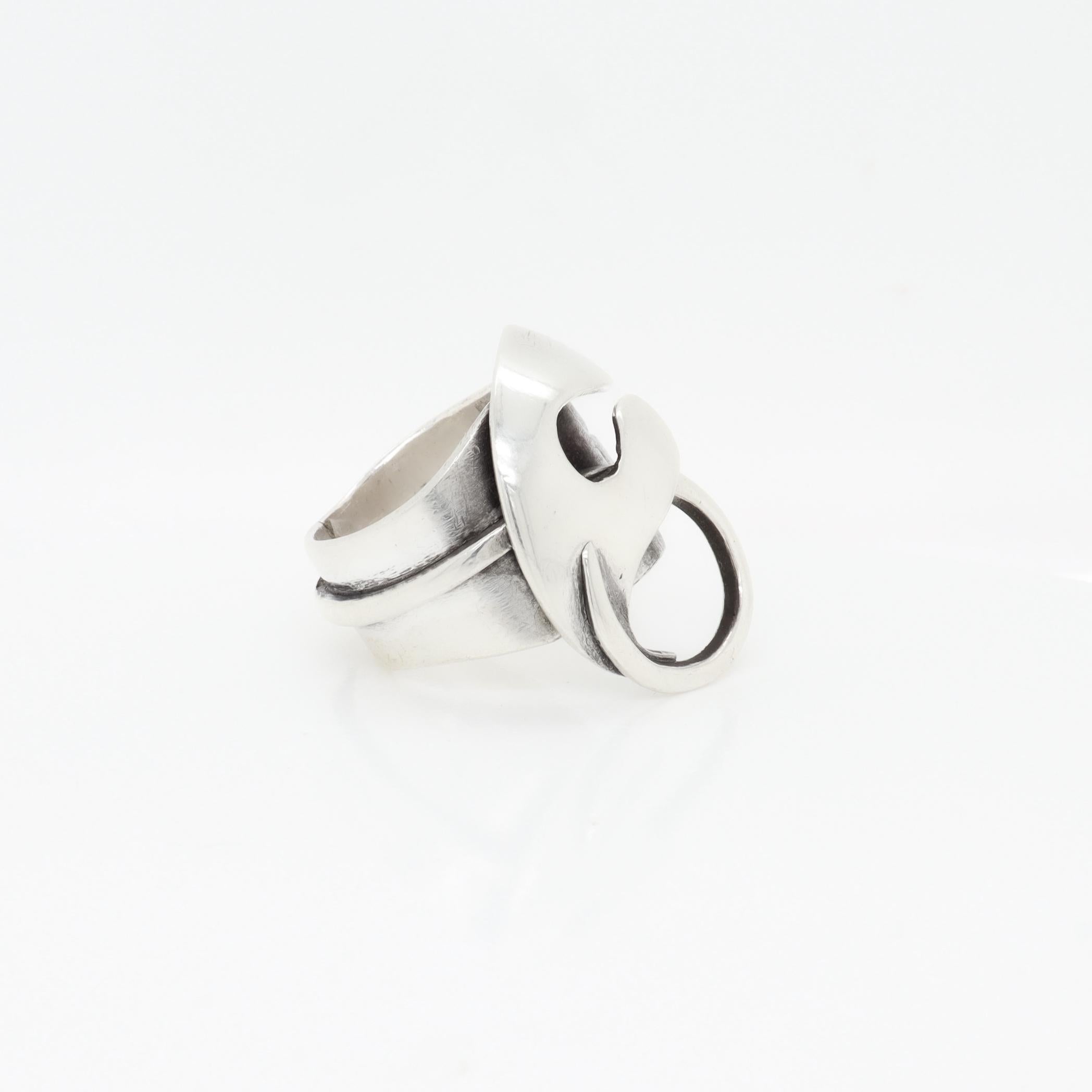 Anello da cocktail astratto d'epoca in argento di Paul Lobel, modernista della metà del secolo scorso in vendita 3