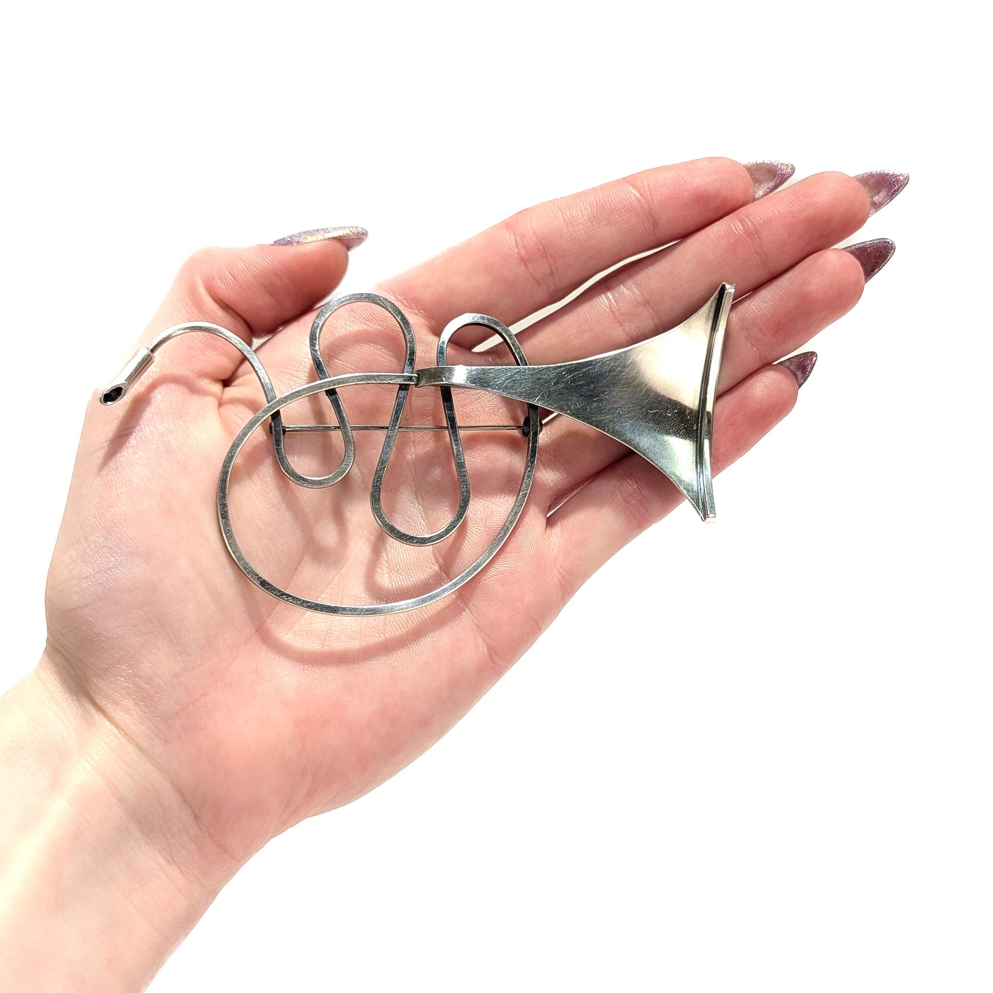 Vintage Mid-Century Modernist Paul Lobel Sterling Silver Abstract Trumpet Brooch für Damen oder Herren im Angebot