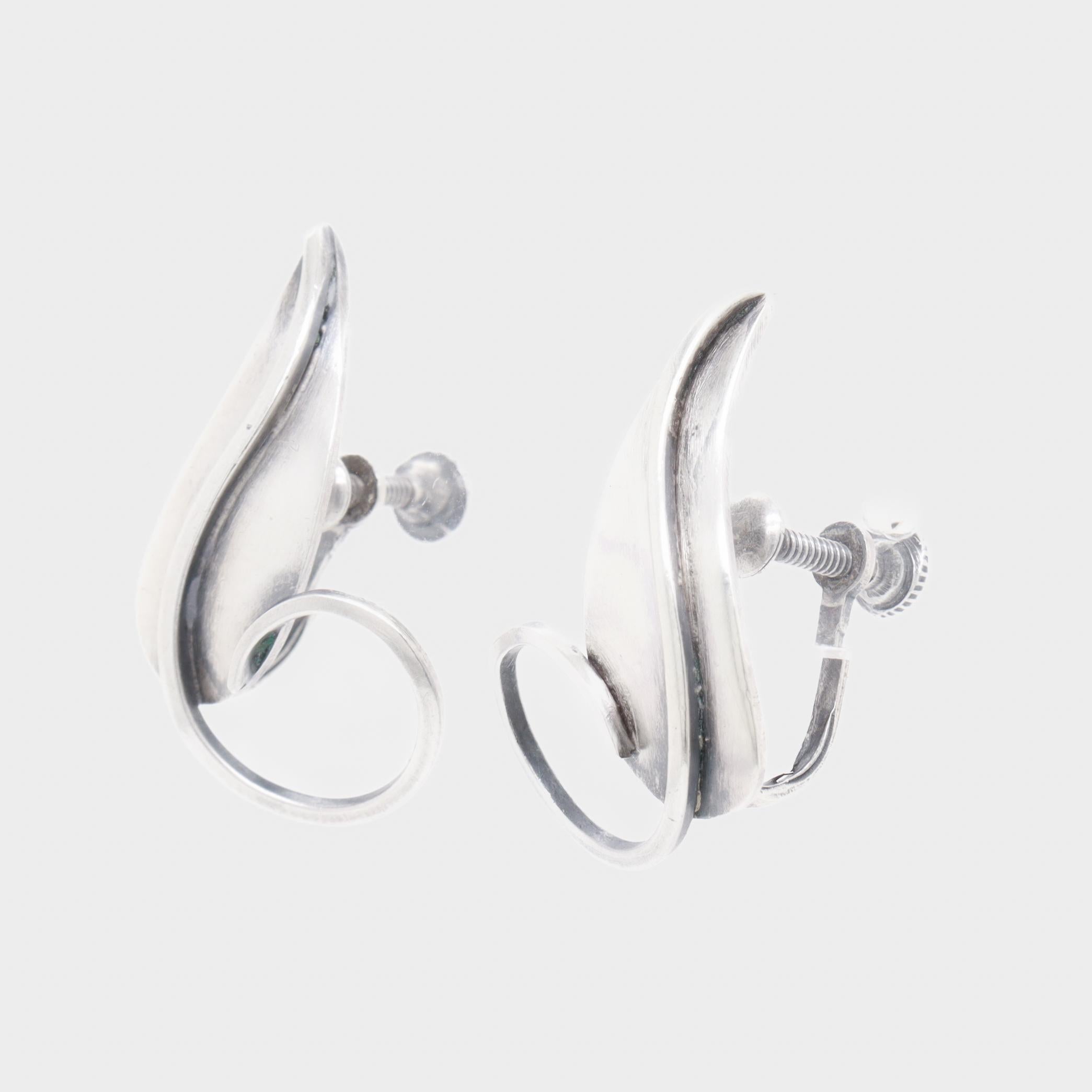 Pendientes vintage Paul Lobel de plata de ley con forma de hoja y cierre de rosca, modernistas de mediados de siglo en venta 2