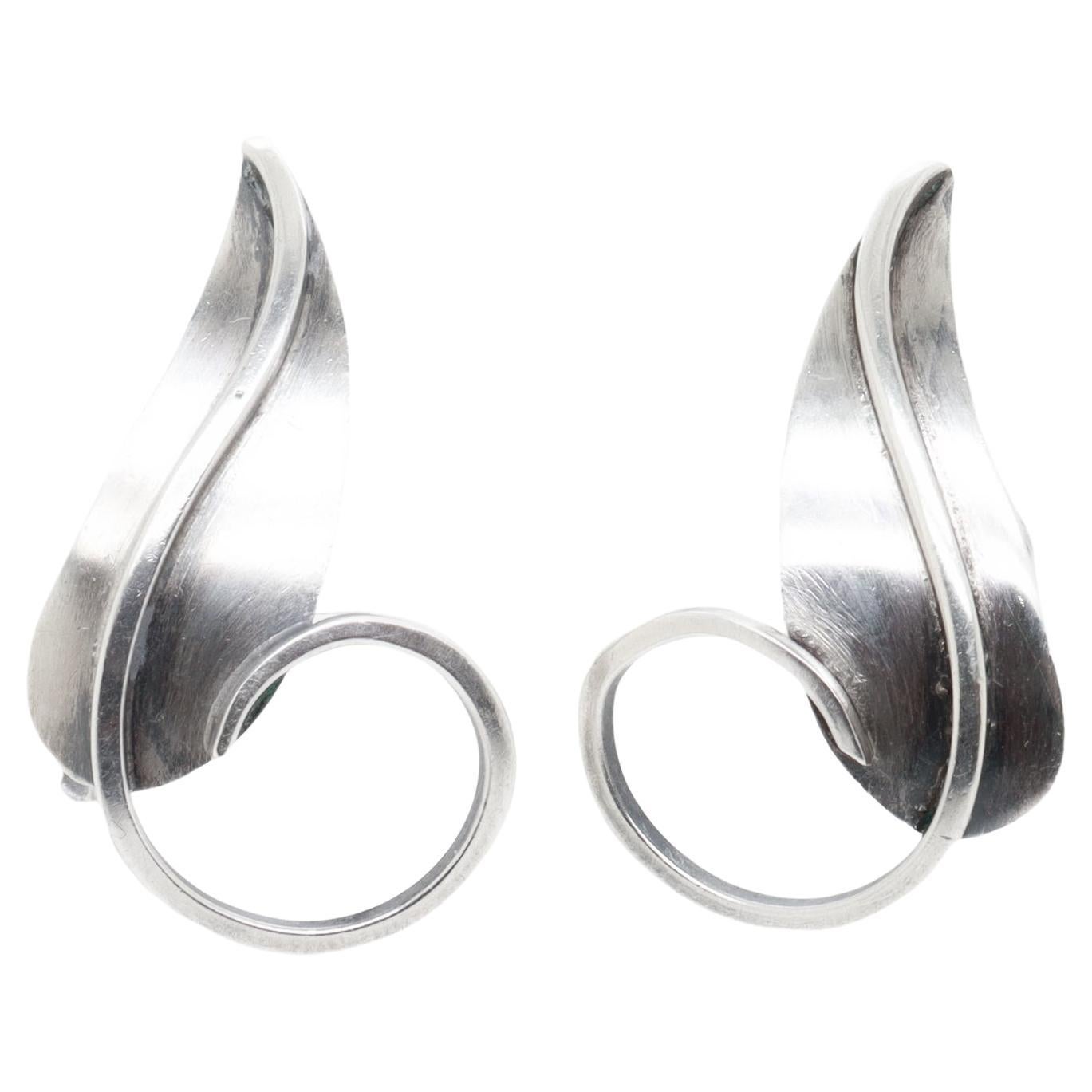 Pendientes vintage Paul Lobel de plata de ley con forma de hoja y cierre de rosca, modernistas de mediados de siglo en venta