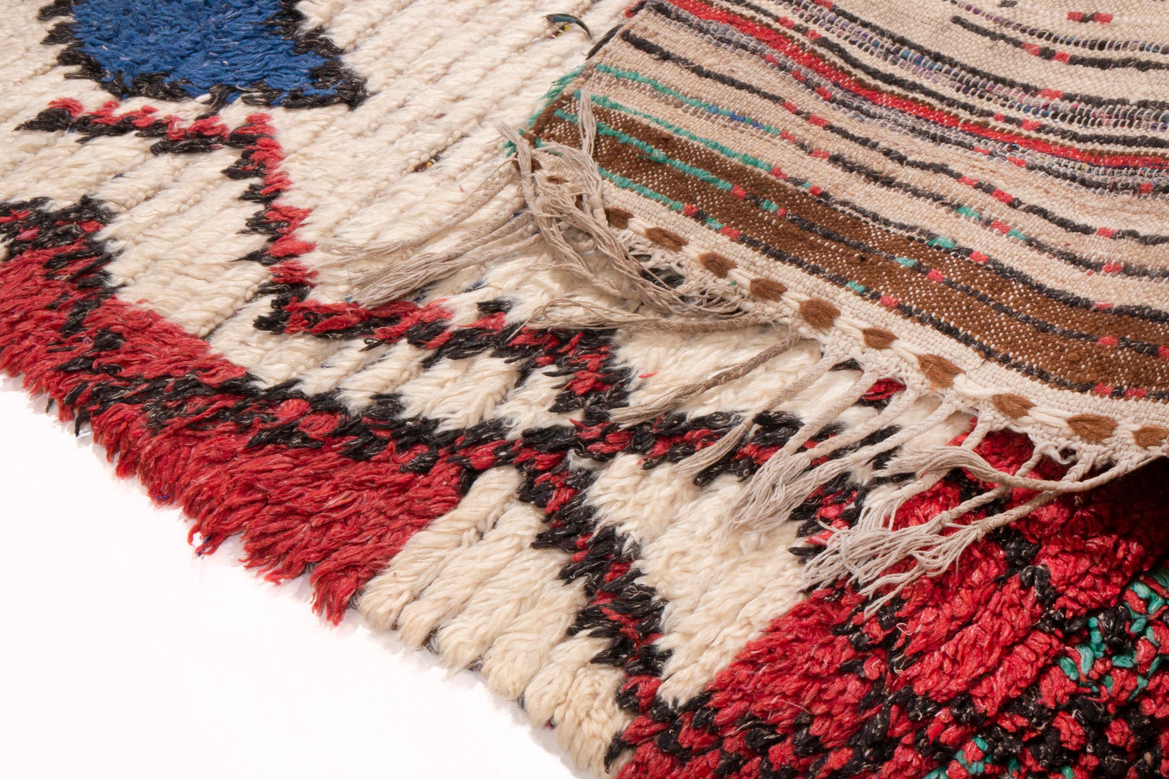 Hand-Knotted Vintage Midcentury Moroccan Beige Red and Blue Wool Rug