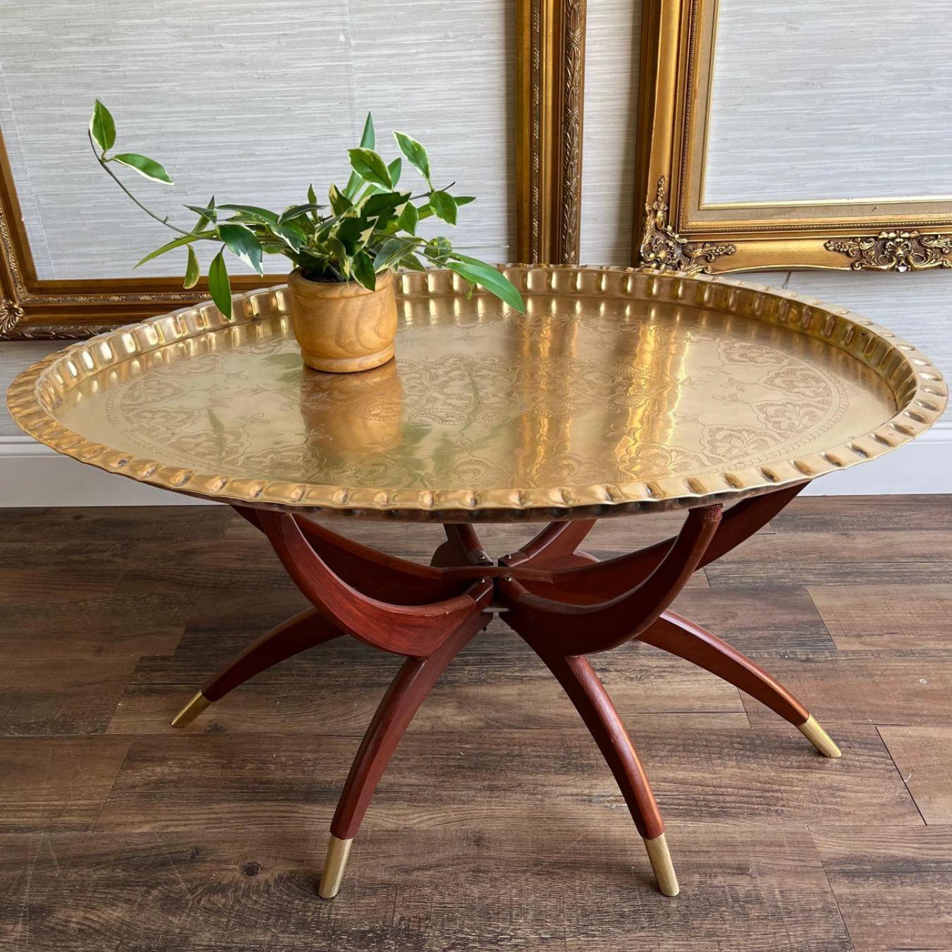20th Century 1960s Hong Kong Foldable Spider Leg Tea Service Table Brass & Mahogany