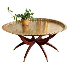 1960s Hong Kong Foldable Spider Leg Tea Service Table Brass & Mahogany