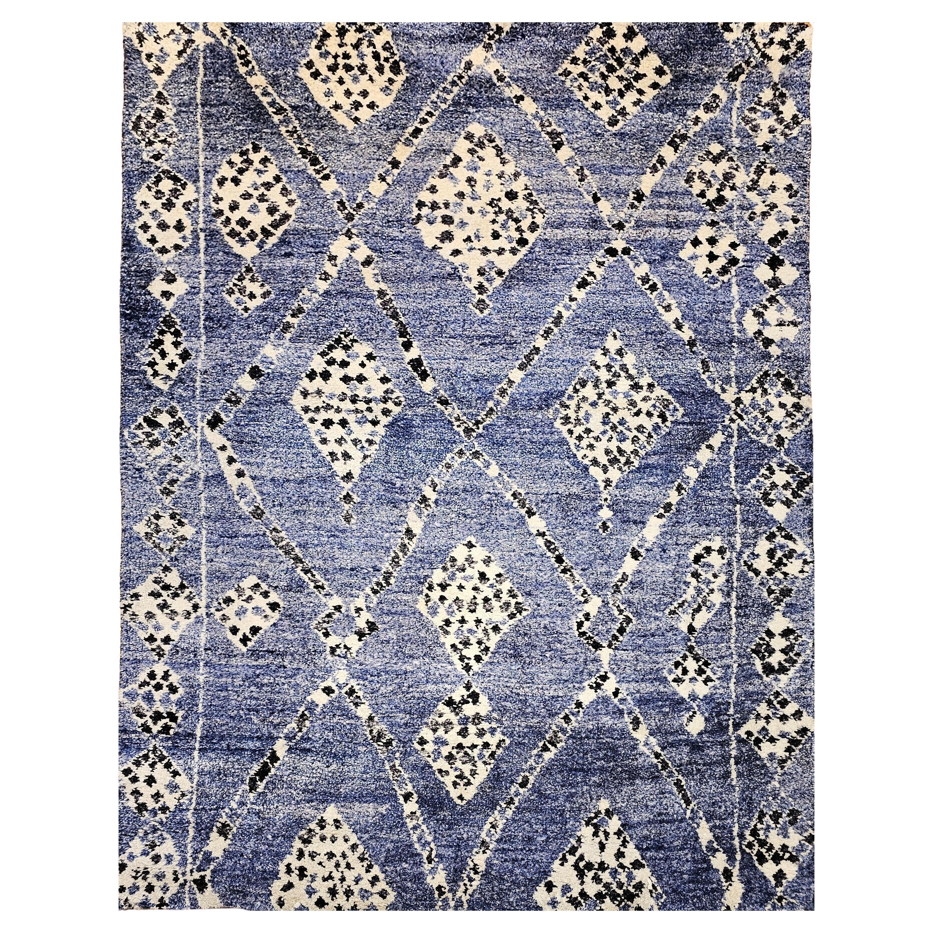 Vintage Mid Century Moroccan Rug in Allover Pattern in Pale Indigo, Navy, Ivory