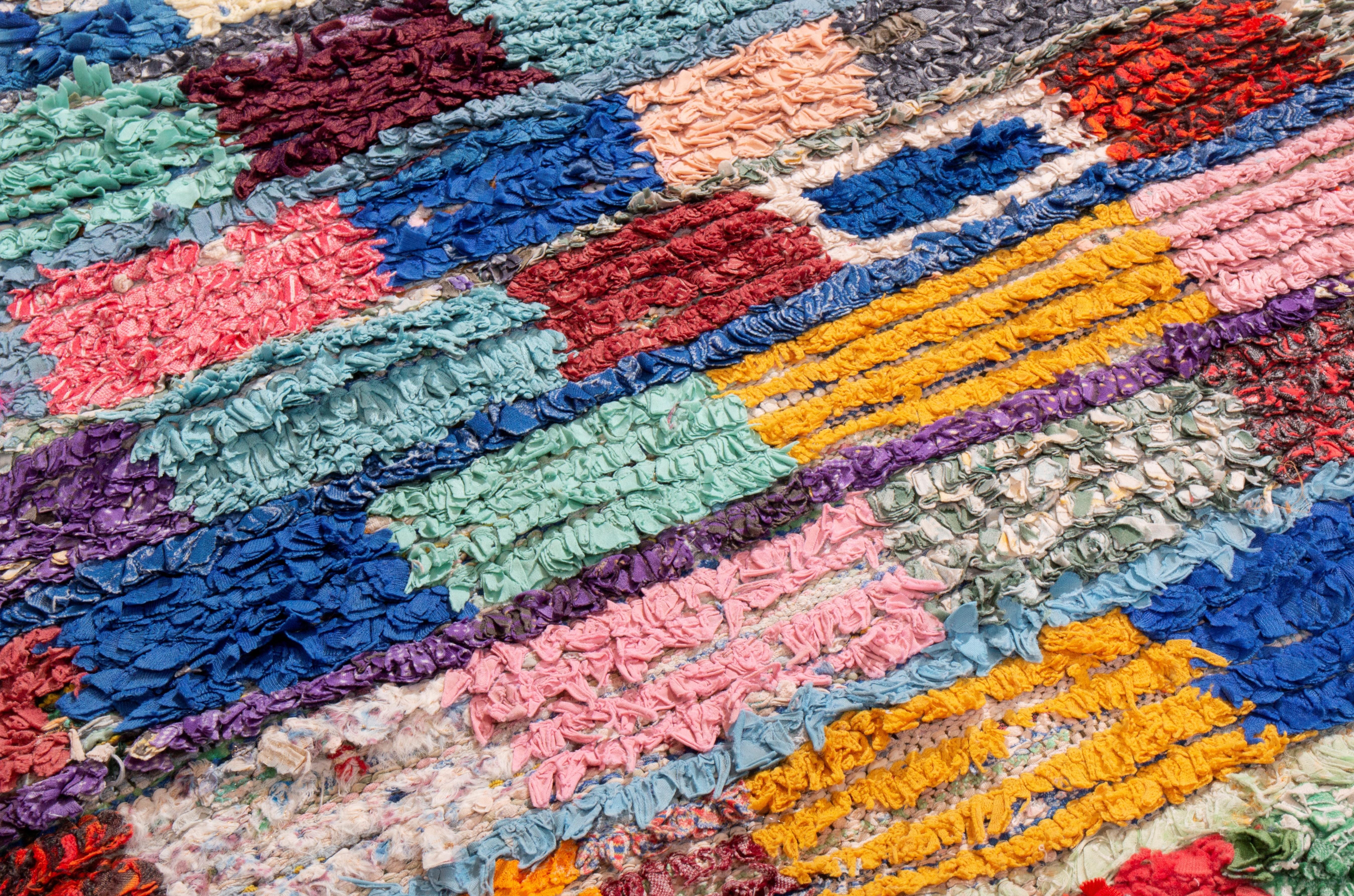 Hand-Knotted Vintage Mid-Century Moroccan Transitional Multicolor Fabric Rug