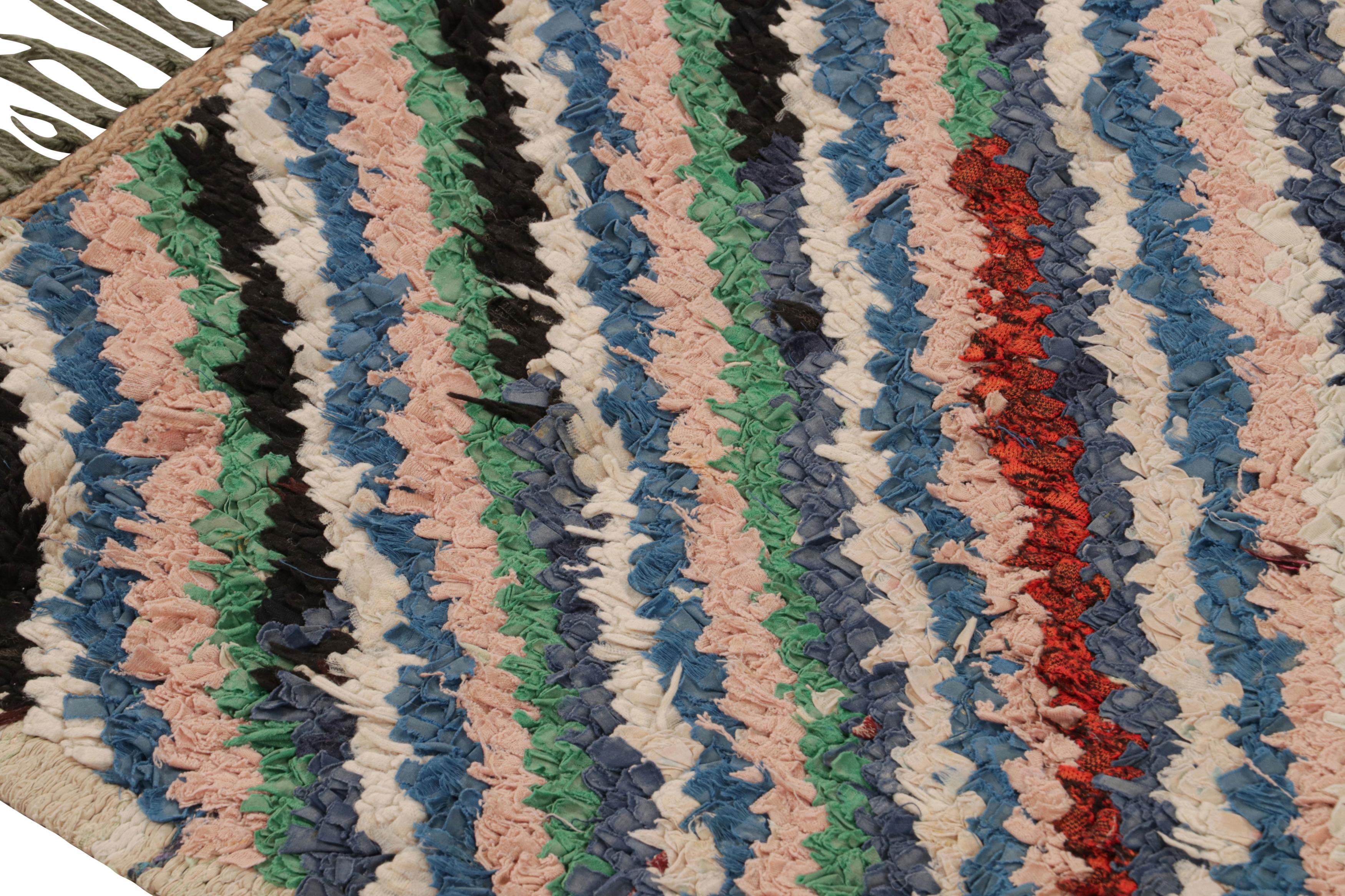 Mid-Century Modern Vintage Mid-Century Moroccan Transitional Pink and Blue Multicolor Wool Rug For Sale