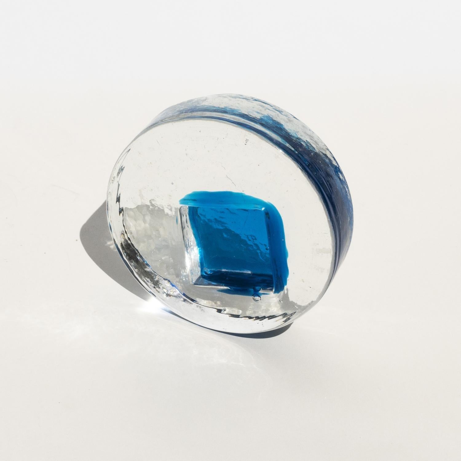 Italian Vintage Mid-Century Murano Glass Ashtray in Frosted Glass with Blue Accents For Sale
