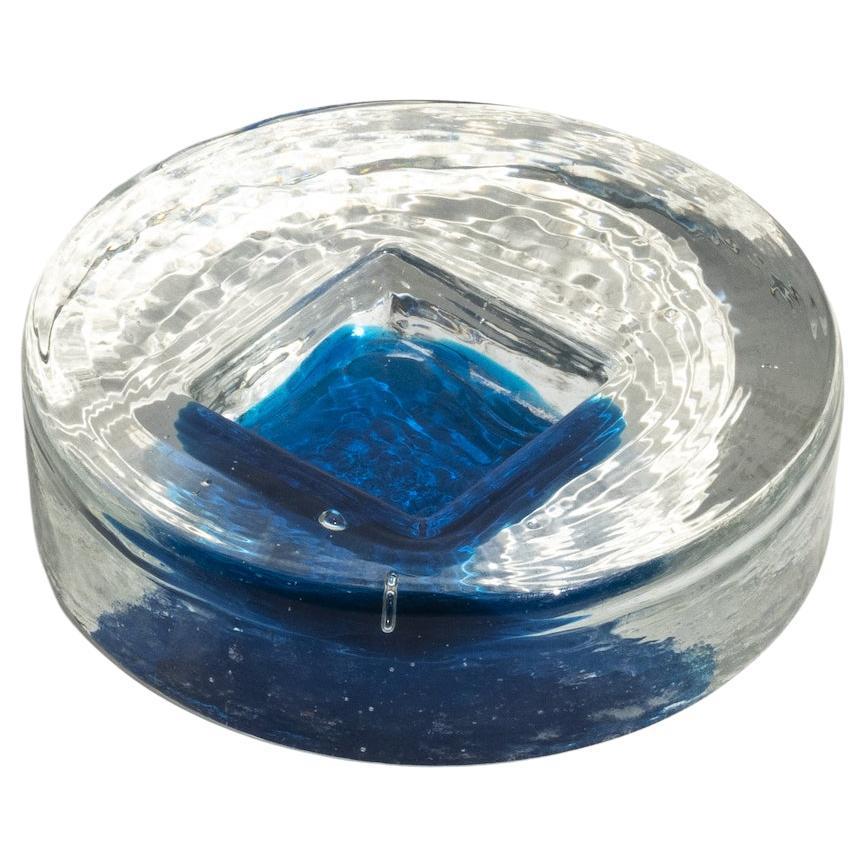 Vintage Mid-Century Murano Glass Ashtray in Frosted Glass with Blue Accents For Sale