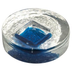 Retro Mid-Century Murano Glass Ashtray in Frosted Glass with Blue Accents