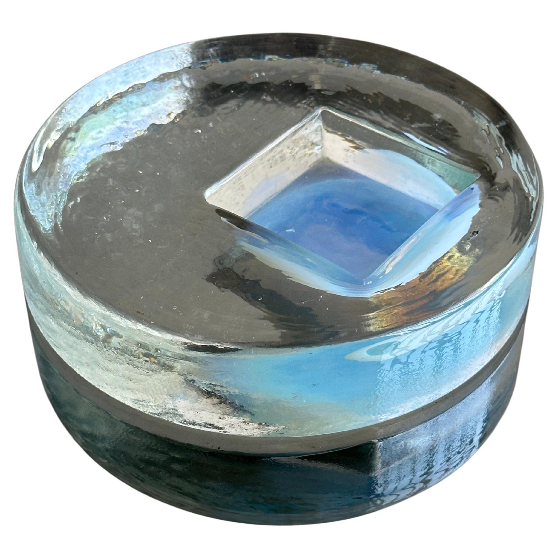 Vintage Mid-Century Murano Glass Ashtray in Frosted Glass with Blue Accents