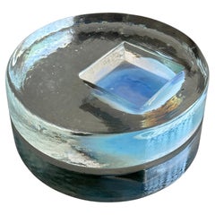 Vintage Mid-Century Murano Glass Ashtray in Frosted Glass with Blue Accents