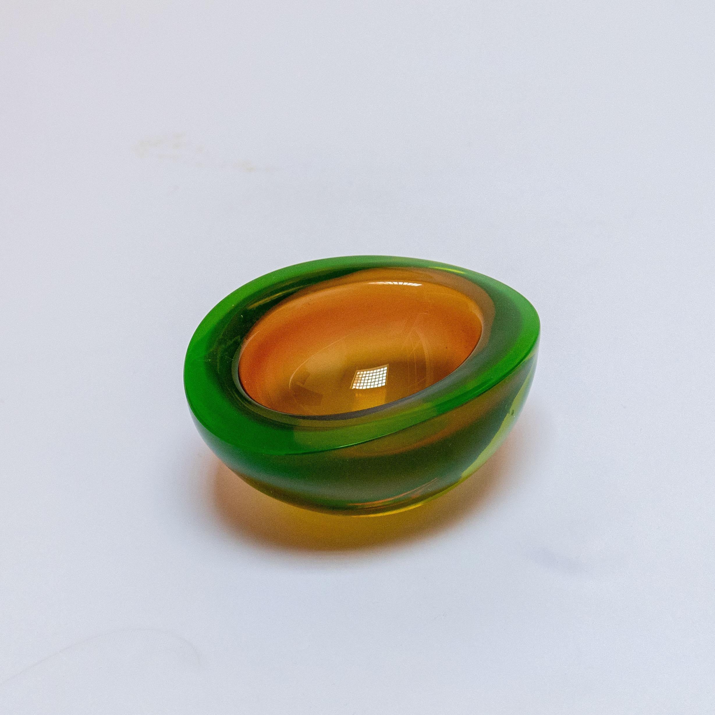 Mid-Century Modern Vintage Mid Century Murano Glass Bowl in Matte Green with Orange Accents For Sale