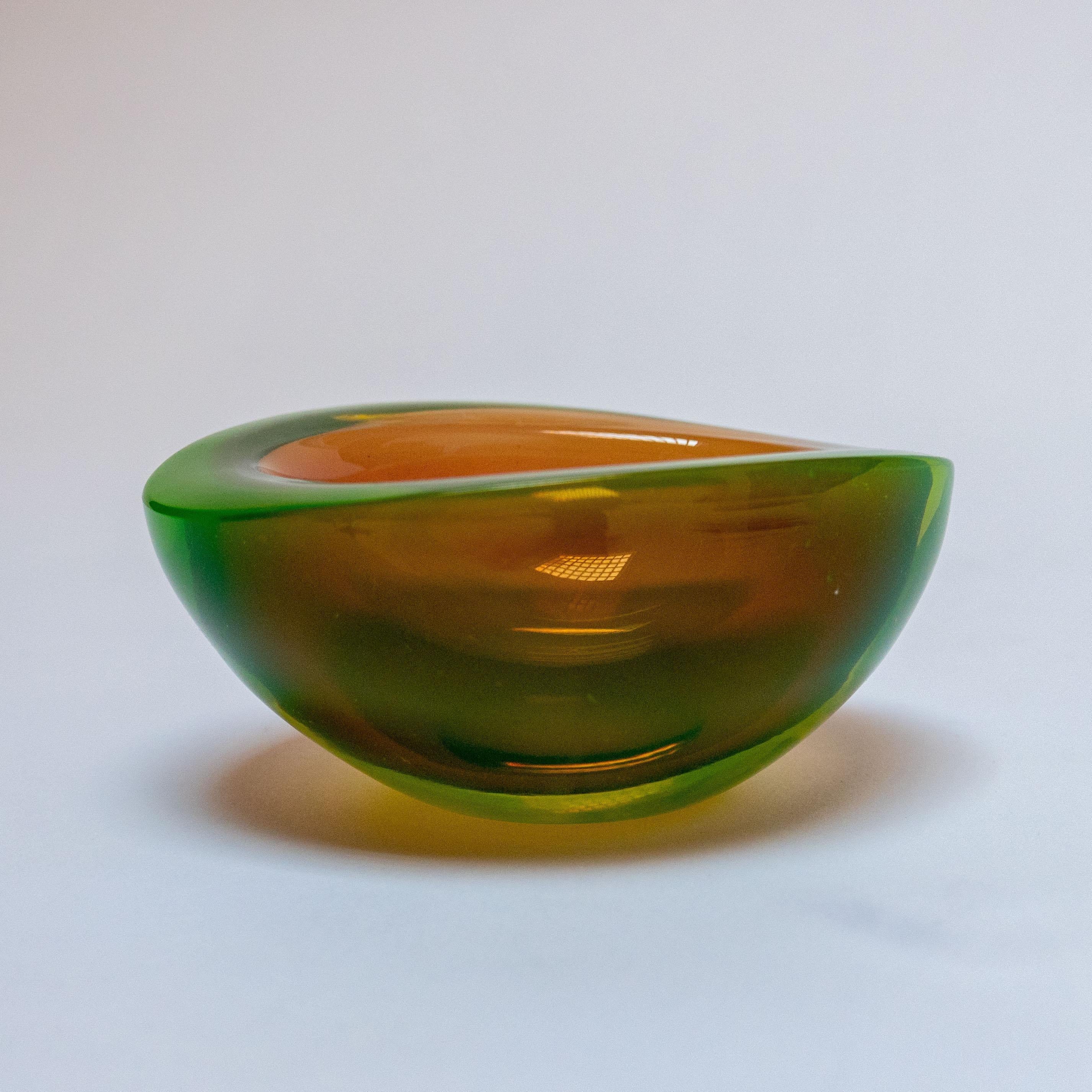 Italian Vintage Mid Century Murano Glass Bowl in Matte Green with Orange Accents For Sale