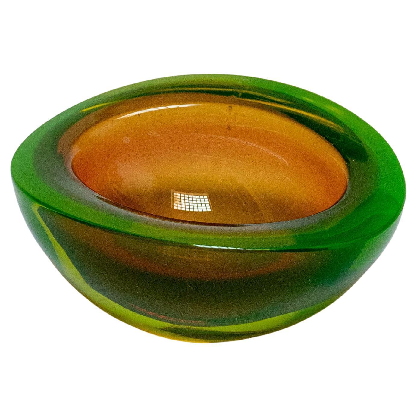 Vintage Mid Century Murano Glass Bowl in Matte Green with Orange Accents For Sale