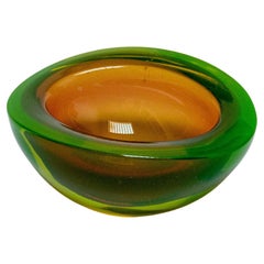 Vintage Mid Century Murano Glass Bowl in Matte Green with Orange Accents
