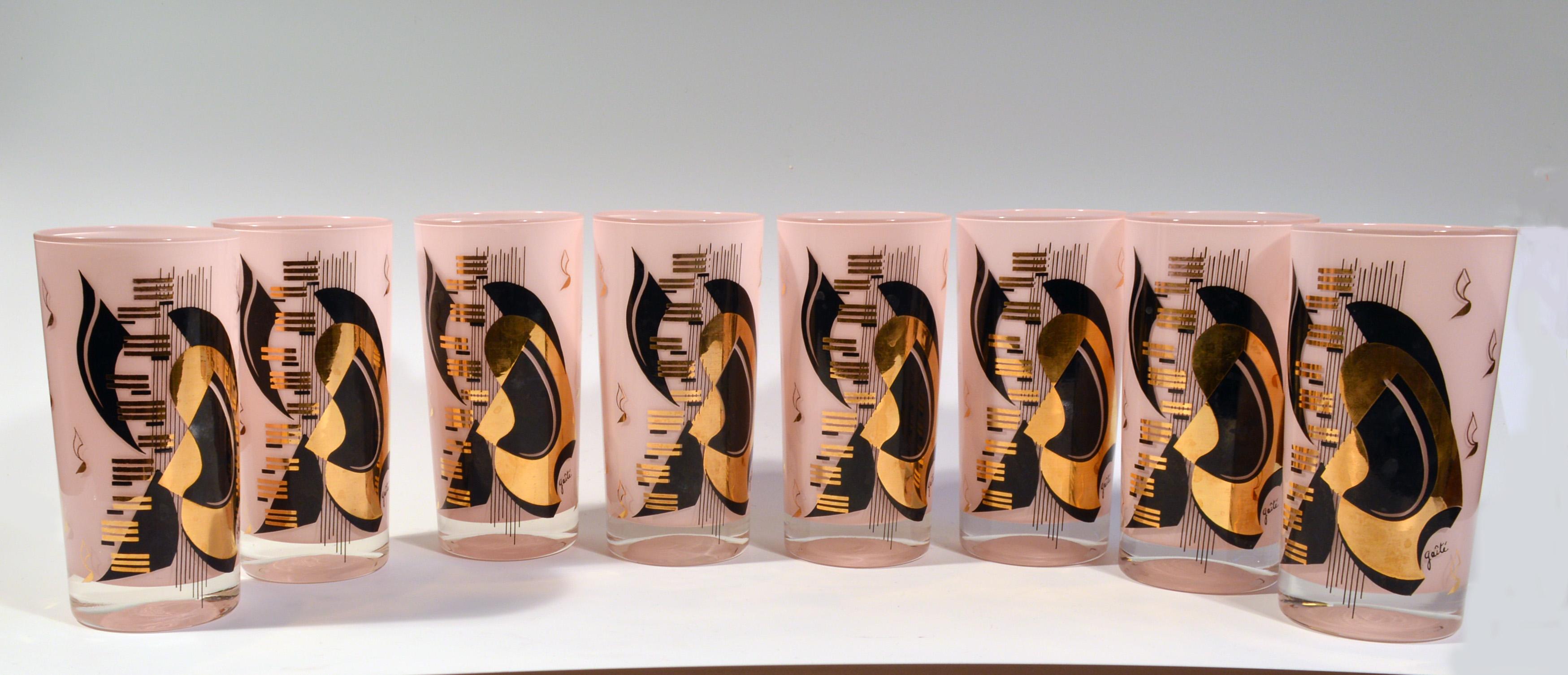 Vintage midcentury music-subject highball glasses, (Eight glasses)
Gay Fad Studios of Lancaster Ohio,
circa 1950s.
(VM99004)

Each glass has black and gold music-inspired design on pink coated glass with scattered music notes on the back and