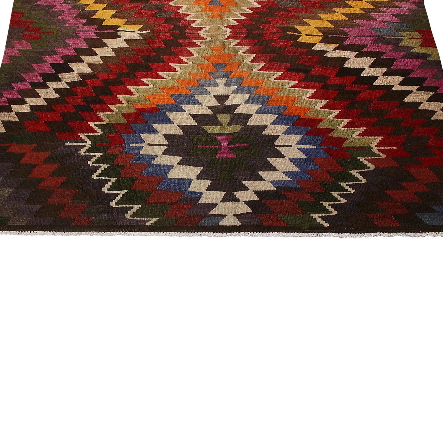 Vintage Midcentury Mut Diamond Beige-Brown Green Wool Kilim Rug by Rug & Kilim In Good Condition For Sale In Long Island City, NY