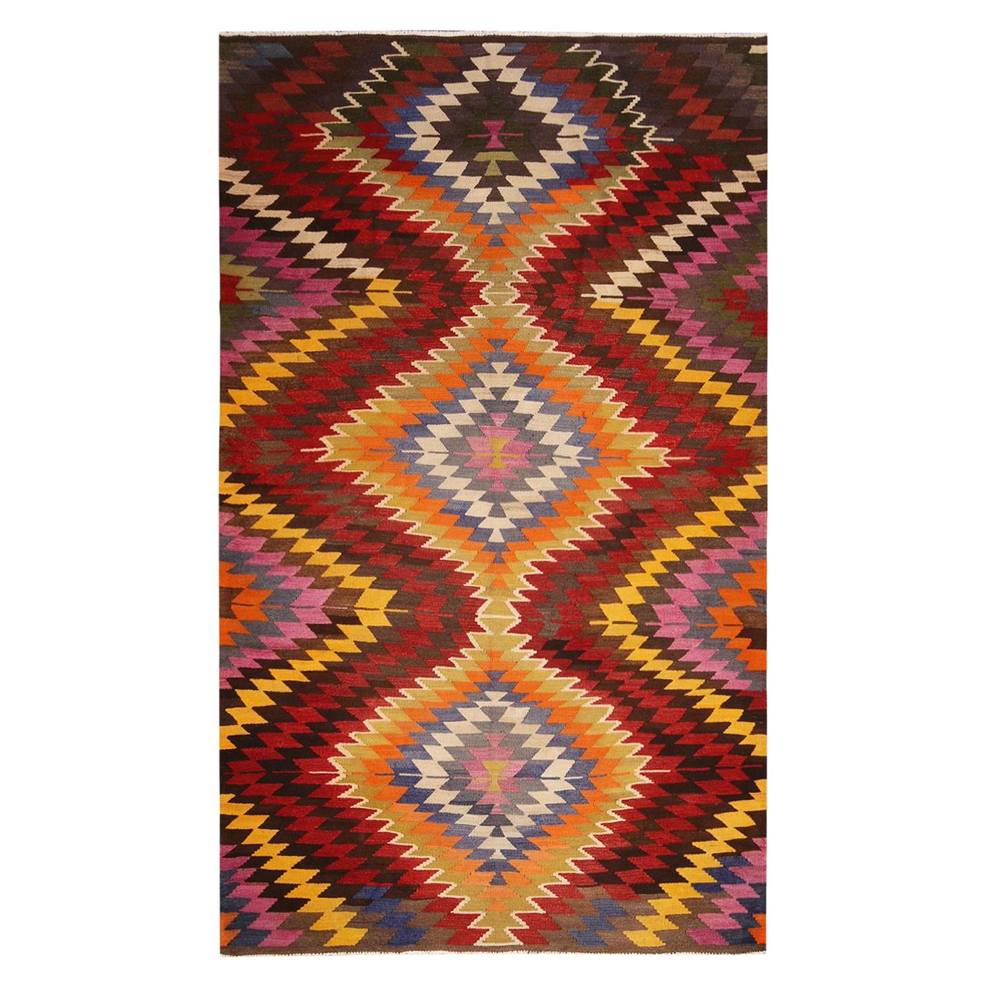 Vintage Midcentury Mut Diamond Beige-Brown Green Wool Kilim Rug by Rug & Kilim For Sale