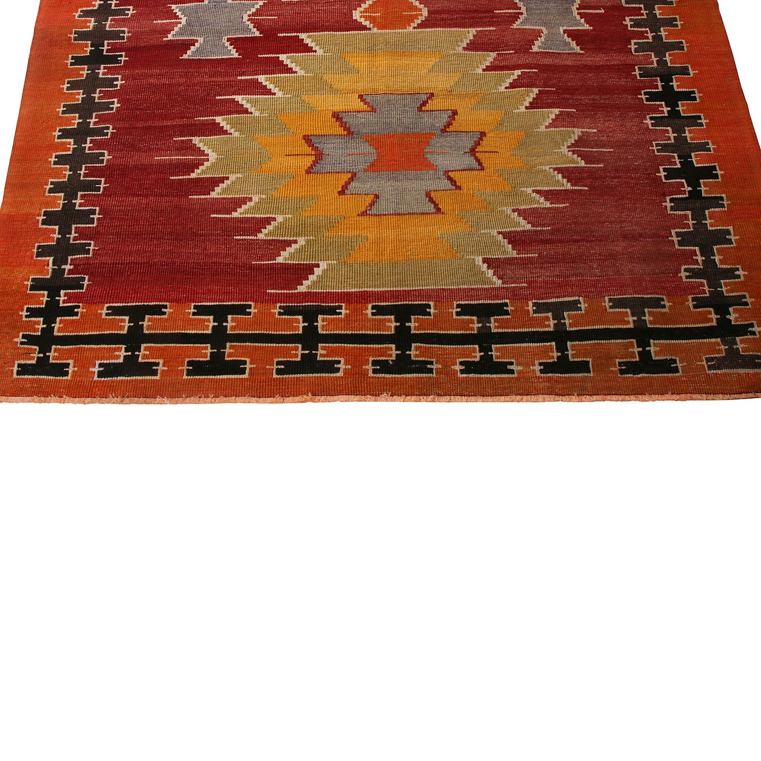 Hand-Woven Vintage Midcentury Mut Red-Orange Wool Tribal Kilim Rug